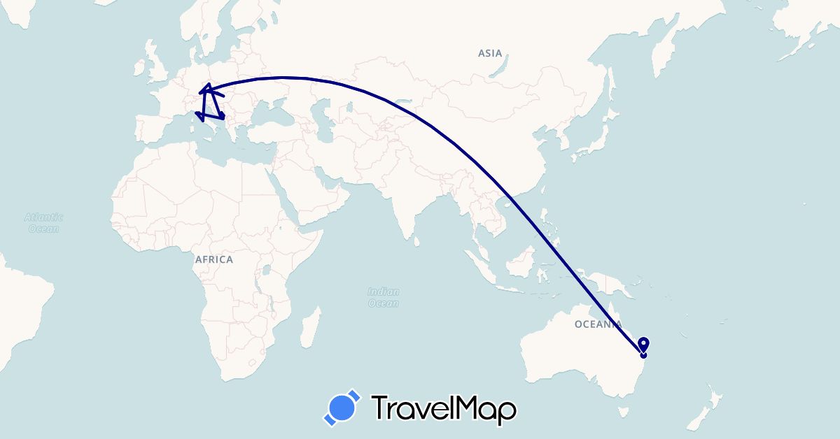 TravelMap itinerary: driving in Austria, Australia, Bosnia and Herzegovina, Czech Republic, Germany, Croatia, Hungary, Italy, Montenegro, Slovakia (Europe, Oceania)